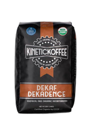 Kinetic Koffee Dekaf Dekadence. Organic decaffeinated coffee brewed with Swiss water process.