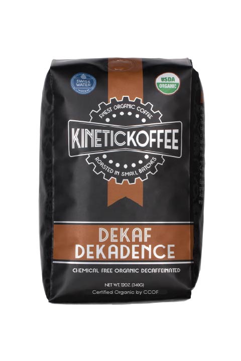 Kinetic Koffee Dekaf Dekadence. Organic decaffeinated coffee brewed with Swiss water process.